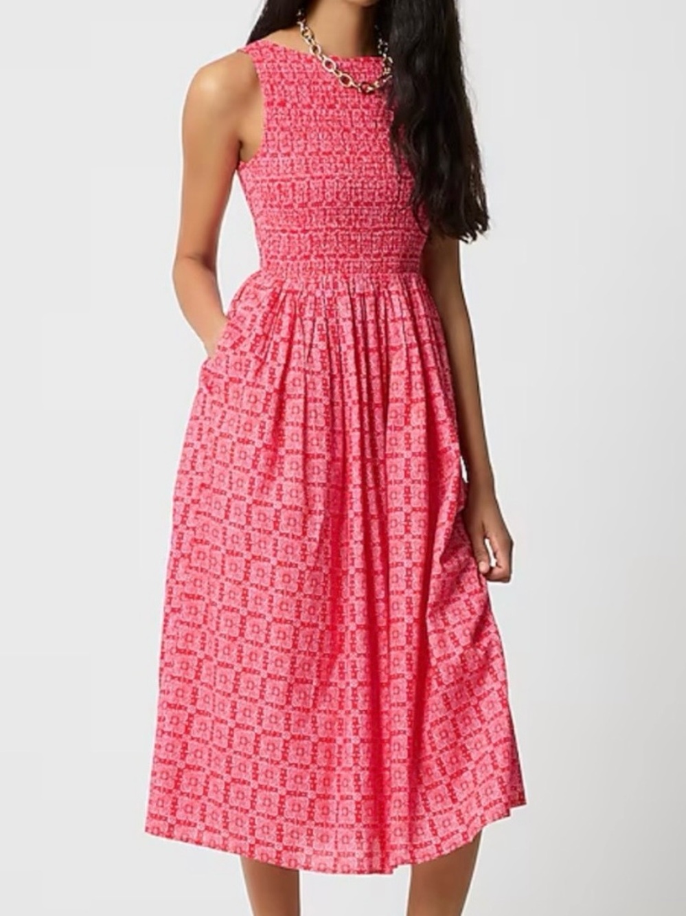 J. Crew Smocked Sleeveless Midi Dress in Red Pattern Size S. NWT